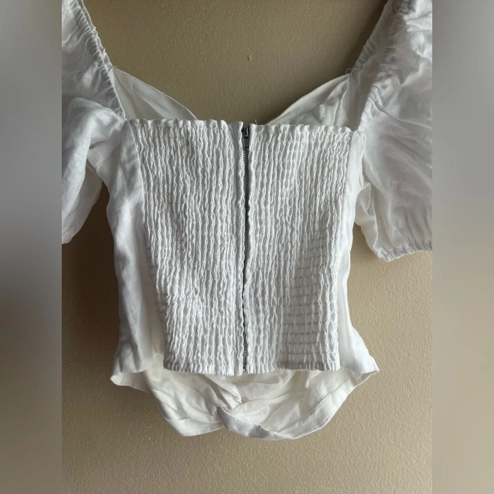 Reformation Women White Linen Puff Sleeve Top Size 8